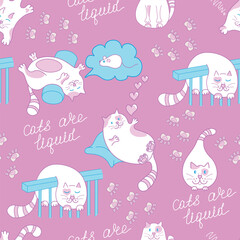 Seamless pattern with cats in different poses, footprints and lettering "Cats are liquid" for baby print, interior design, card, linen, sleeping clothes or other. Vector illustration. Not AI created.