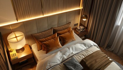 Modern Bedroom Interior Design with Warm Lighting and Cozy Pillows
