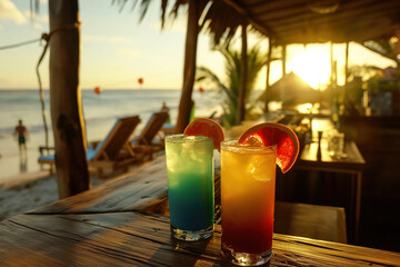 Two colorful cocktails standing on beach bar table at sunset
