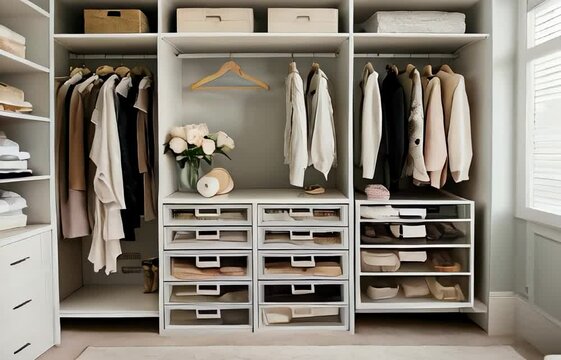 Closet with clear storage boxes and pullout drawers