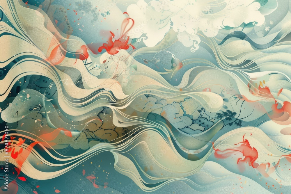 Poster softtoned artwork featuring abstract flowing waves and mythical elements, creating a captivating com