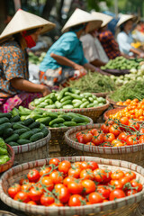 Street vendors selling fresh vegetables and fruits in asian market