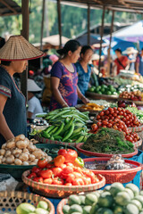 Woman wearing traditional conical hat selling fresh vegetables at street market in asia