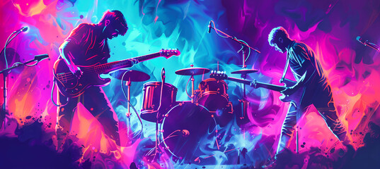 Obraz premium Two rock musicians perform on stage, illuminated by a dynamic mix of neon pink and blue light