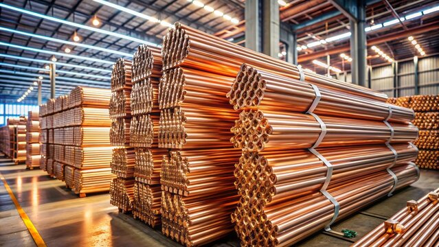 Stacks of shimmering beryllium copper rods in a production warehouse blur into an industrial background, epitomizing industry, construction, and engineering excellence.