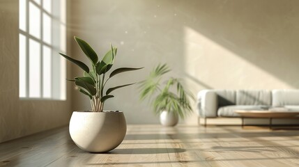 Empty Flower Pot on Floor in Minimalistic Interior with Coffee Table on the Side