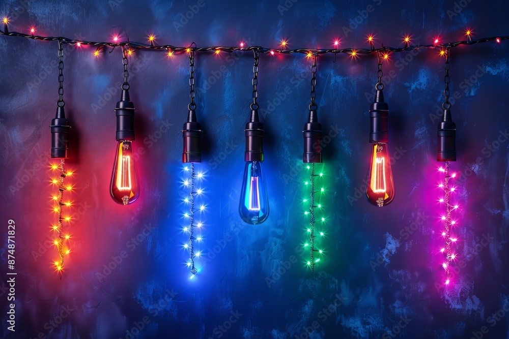 Poster colorful string lights with bokeh background, capturing a festive and vibrant atmosphere.