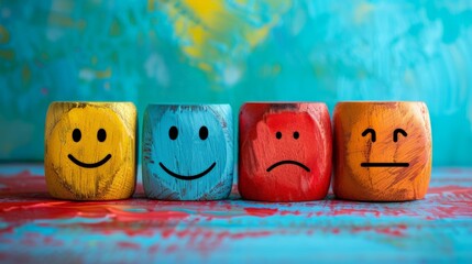 Four happy wooden blocks with cheerful smiles.