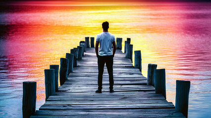 Silhouette of a man standing on a wooden pier at sunset, facing the serene lake, symbolizing human strength and dreams, perfect for psychology and motivational concepts. 