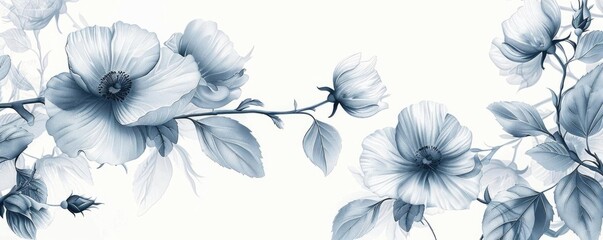 Minimalist vine flowers with clean lines and subtle shades, set on a pure white fabric background, creating a refined pattern