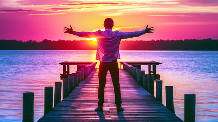 Fototapeta premium Silhouette of a man standing on a wooden pier at sunset, facing the serene lake, symbolizing human strength and dreams, perfect for psychology and motivational concepts. 