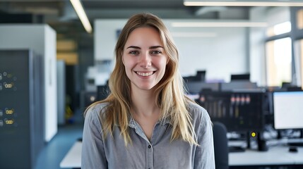 Fototapeta premium Female IT Professional in Office with Servers and Computers Smiling Enthusiastically Wearing Casual Shirt