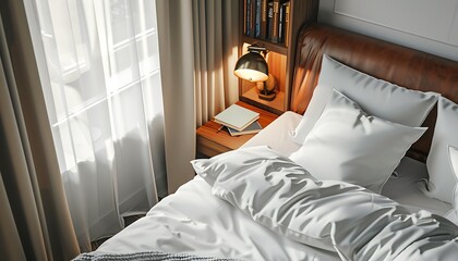 Obraz premium Cozy Bedroom Interior with White Pillows and Books on Nightstand