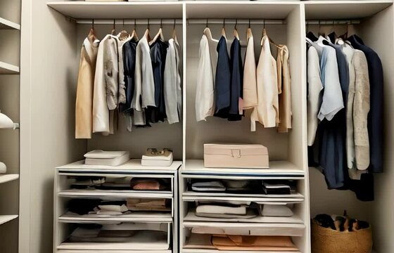 Closet with clear storage boxes and pullout drawers