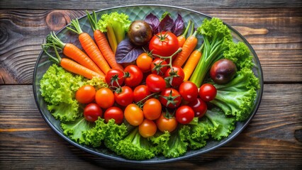 Colorful arrangement of fresh vegetables, including juicy tomatoes, crunchy carrots, and crisp lettuce, on a sleek modern plate, isolated transparent.
