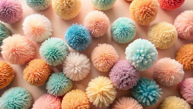 Vibrant, oversized, fuzzy pom pom balls in pastel hues scattered on a delicate, soft peach background, evoking whimsy and playfulness.