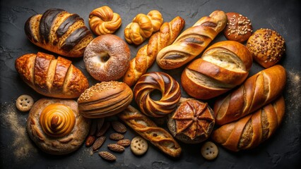 Delicious assortment of freshly baked breads, including brioche, baguette, bagel, sweet brioche, and croissant, arranged artfully on black background.