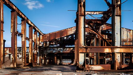 Naklejka premium Factory in ruins! Rusty beams and gaping holes mark the remains of a once-thriving industry