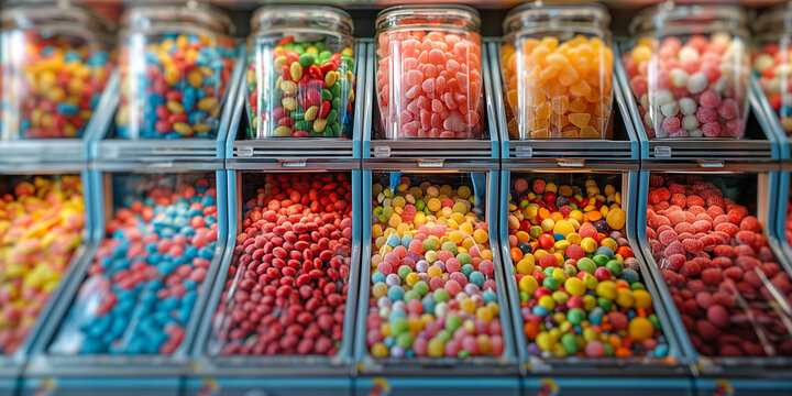 Assorted colorful candies in clear bins at a candy store. Concept of sweets, indulgence, and childhood nostalgia