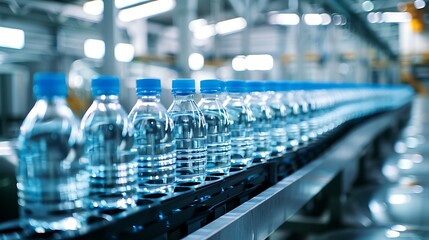 Line of bottling beverages in plastic bottles on clean light factory