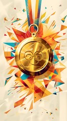 Shimmering Gold Medal Surrounded by Vibrant Abstract Shapes Symbolizing Triumph
