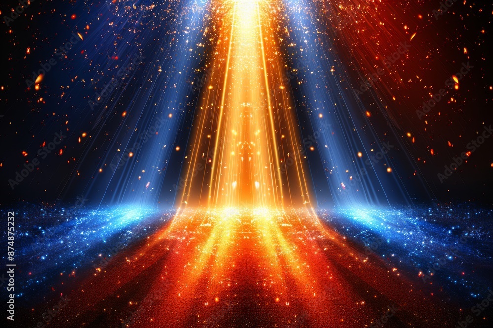 Poster abstract light beams and particles, capturing a futuristic and dynamic atmosphere.