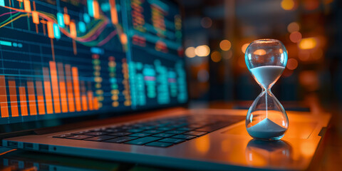 Hourglass placed on a laptop keyboard with financial charts displayed on the screen. Concept of time management, investment, and financial analysis