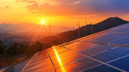 Fototapeta premium Solar Panels and Wind Turbines at Sunset