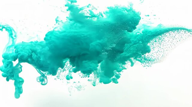Ethereal teal ink dispersing in water, forming intricate tendrils and swirls against a stark white background. Delicate wisps create a mesmerizing, cloud-like formation.	