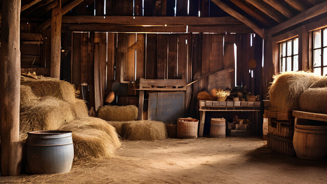 A step back in time! A charming barn interior with worn beams, antique tools, and textured hay bales