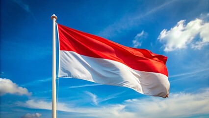 Vibrant red and white Indonesian flag proudly waving against a clear blue sky, symbolizing national pride and independence.