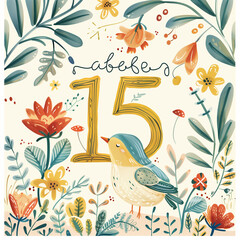 Obraz premium pattern with flowers and birds and number 15