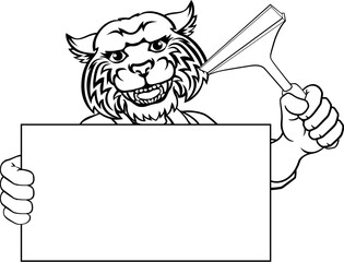 A wildcat window cleaner or car wash cleaning cartoon mascot man holding a squeegee washing tool