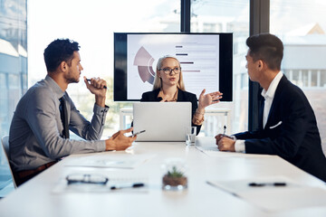 Business people, planning and woman in boardroom for meeting, teamwork and brainstorming. Company merger, men and project manager for explain, feedback and marketing review with charts by tv screen