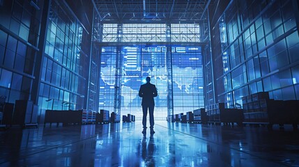 Silhouette of a person standing in a futuristic, blue-toned corporate space with data graphics and cityscape in the background.