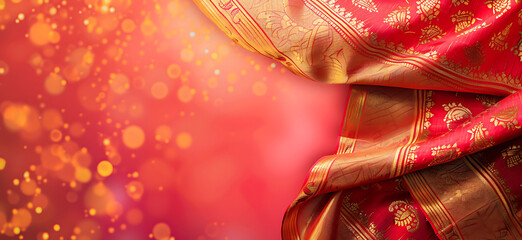 Close-up of a red and gold Indian saree on a bokeh background, ideal for Pongal festival or New Year greeting cards.