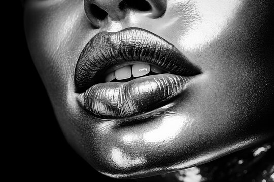 Close-Up of Silver face with Lips Against Dark background, Metallic paint. Generative AI