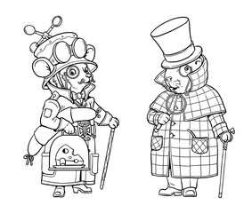 Funny guinea pig and mouse dressed as detectives. Coloring page with funny steampunk animal characters.