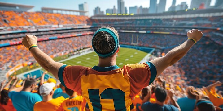 Excited soccer fan wearing a jersey and cheering in a packed stadium. Captures the thrill, passion, and communal spirit of live sports events