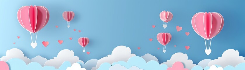 Pink paper hot air balloons floating over fluffy clouds against a blue sky