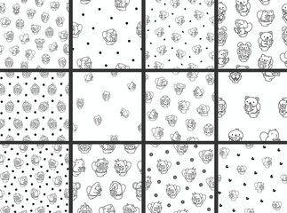 Cute animal pooping on toilet and read newspaper. Seamless pattern. Coloring Page. Funny cartoon characters. Hand drawn style. Vector drawing. Collection of design ornaments.