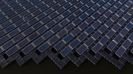 Aerial view solar cell panels farm power plant on water, Solar cell panels farm power plant eco...