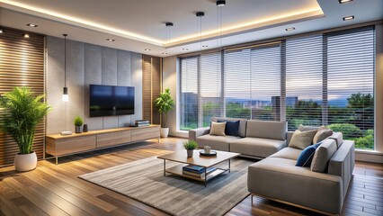 Naklejka premium Smart modern living room with voice-controlled lighting, automated blinds, and a smart TV