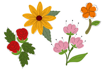 set of floral elements with hand drawn flowers isolated on white. vector illustration. 