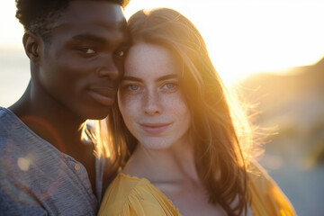 Fototapeta premium An Intimate Portrait of a Young Couple Embracing at Sunset, Showcasing a Warm and Radiant Glow, Capturing the Serene Beauty of Their Loving Connection Against the Golden Hour Background
