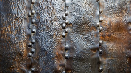 A detailed view of a door panel with a hammered metal surface giving it a textured industrial look. The metal is a mix of dark and light tones adding depth and dimension to the panel.