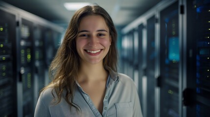 Fototapeta premium Female IT Specialist Smiling Enthusiastically in Office with Computers and Servers Wearing Casual Shirt