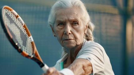 Happy senior woman playing tennis on the court. enjoying the sports activity on a summer day. sports equipment for training, fitness, exercise at games, contests, or competition