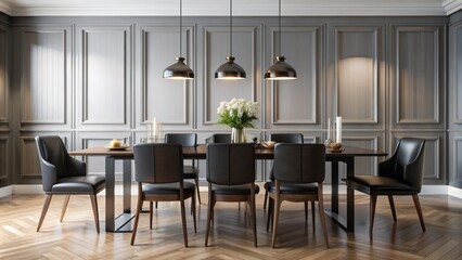 Contemporary dining area features sleek black wooden chairs surrounding a stylish table against crisp white paneled walls and polished floor.