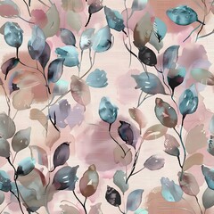 Traditional inspired watercolor leaf and flower pattern with intricate details in pastel colors